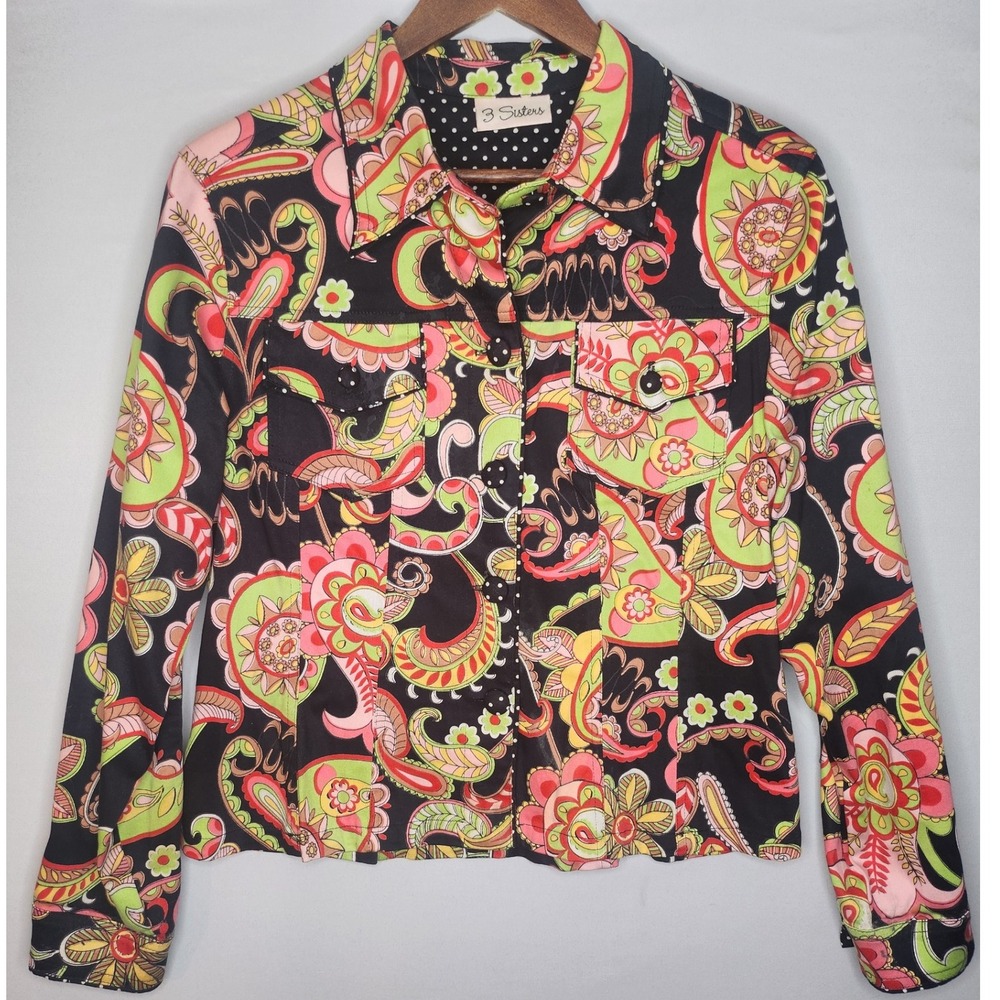 3 Sisters Paisley Small Jacket Blazer Polka Dot Accent chest‎ Pockets